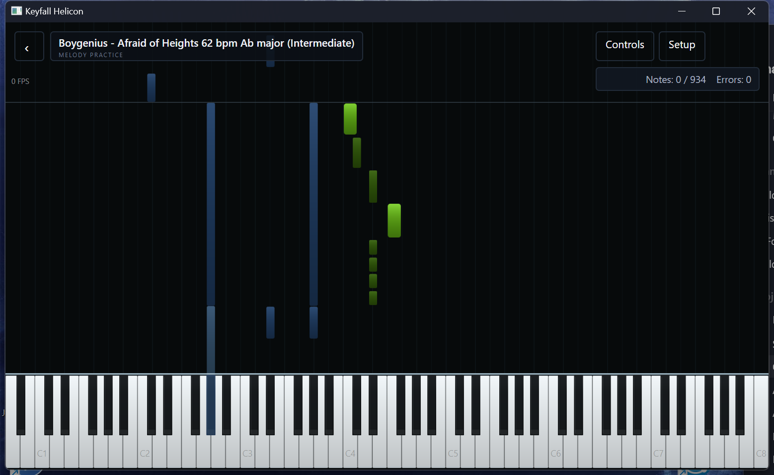 Keyfire Helicon practice view showing falling notes above an 88-key piano keyboard
